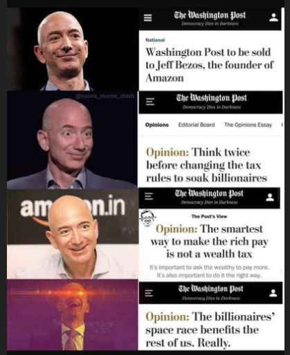 A meme about Jeff Bezos. In each panel, Jeff Bezos is reading an article from the Washington Post about himself and getting happier. In the last one he is projecting lazers from his eyes because he is so happy. The first article reads 